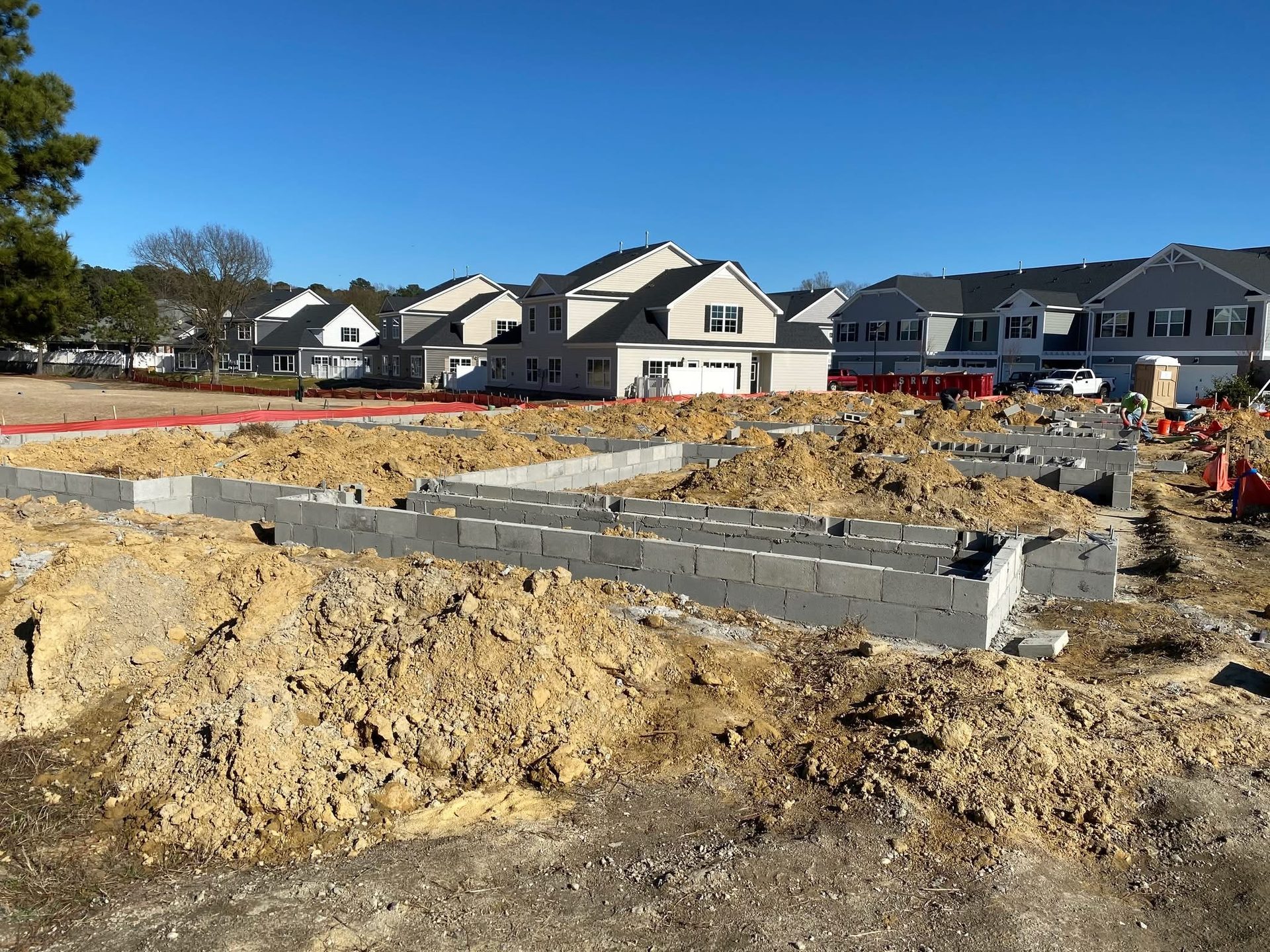 Concrete block foundation walls on a new residential construction site